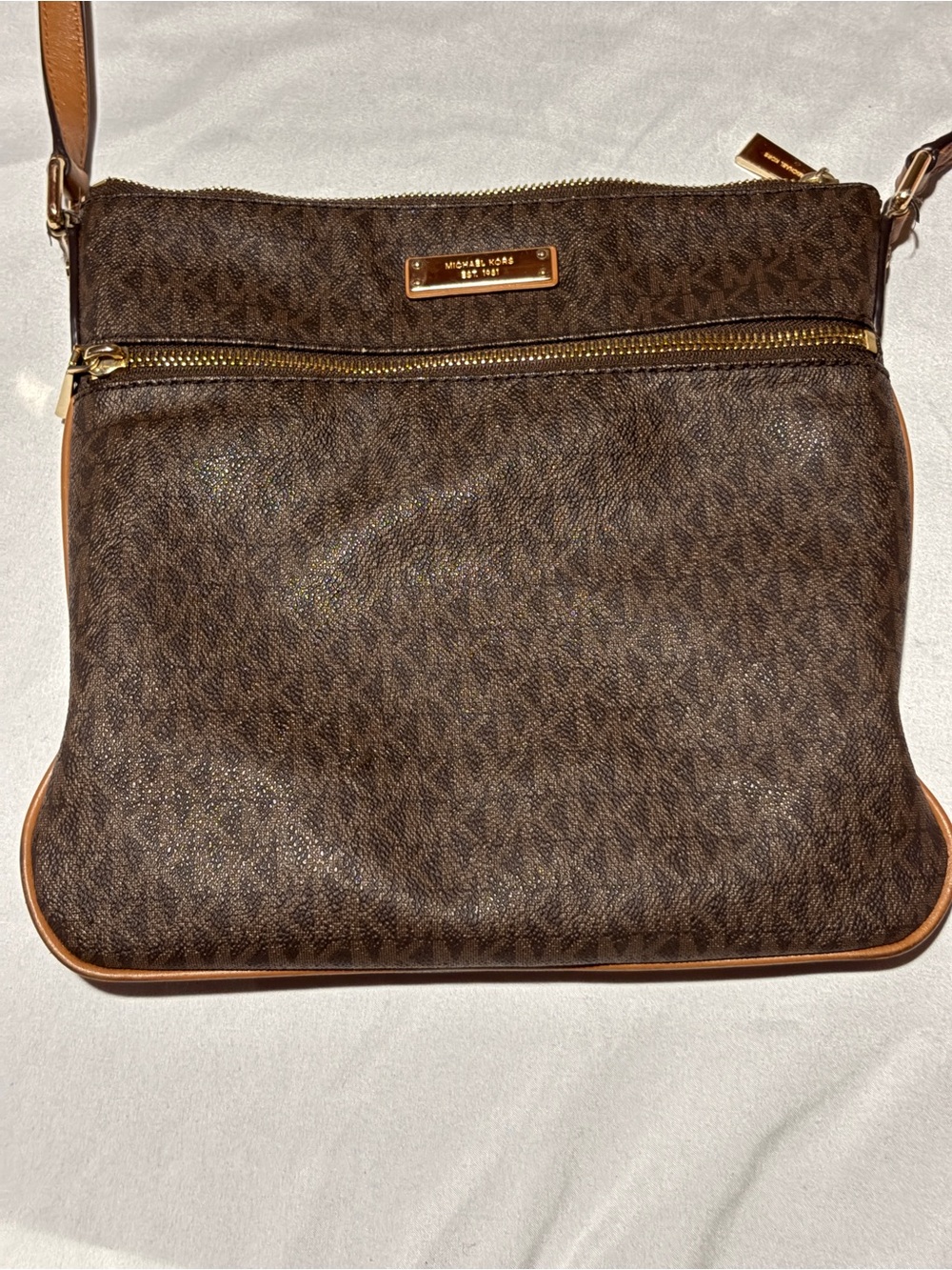Michael Kors Jet Set Brown Signature Logo Crossbody Bag Double Zip Shoulder Bag